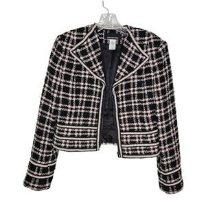 Jones New York Black Pink Plaid Tweed Zip Up Blazer Size 4